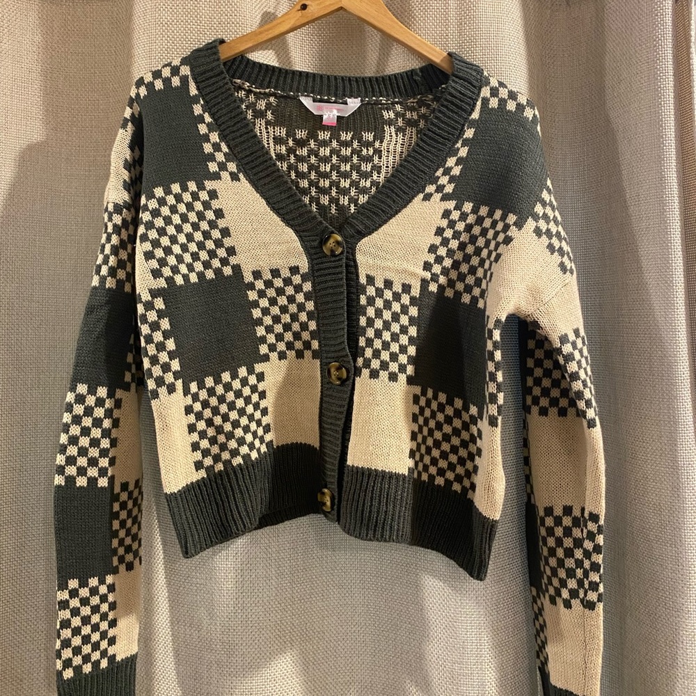 Olive Green Checkered Cardigan